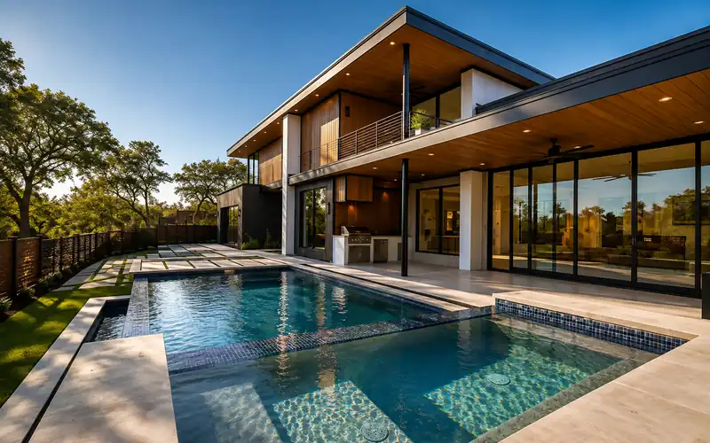 Modern rear elevation with pool